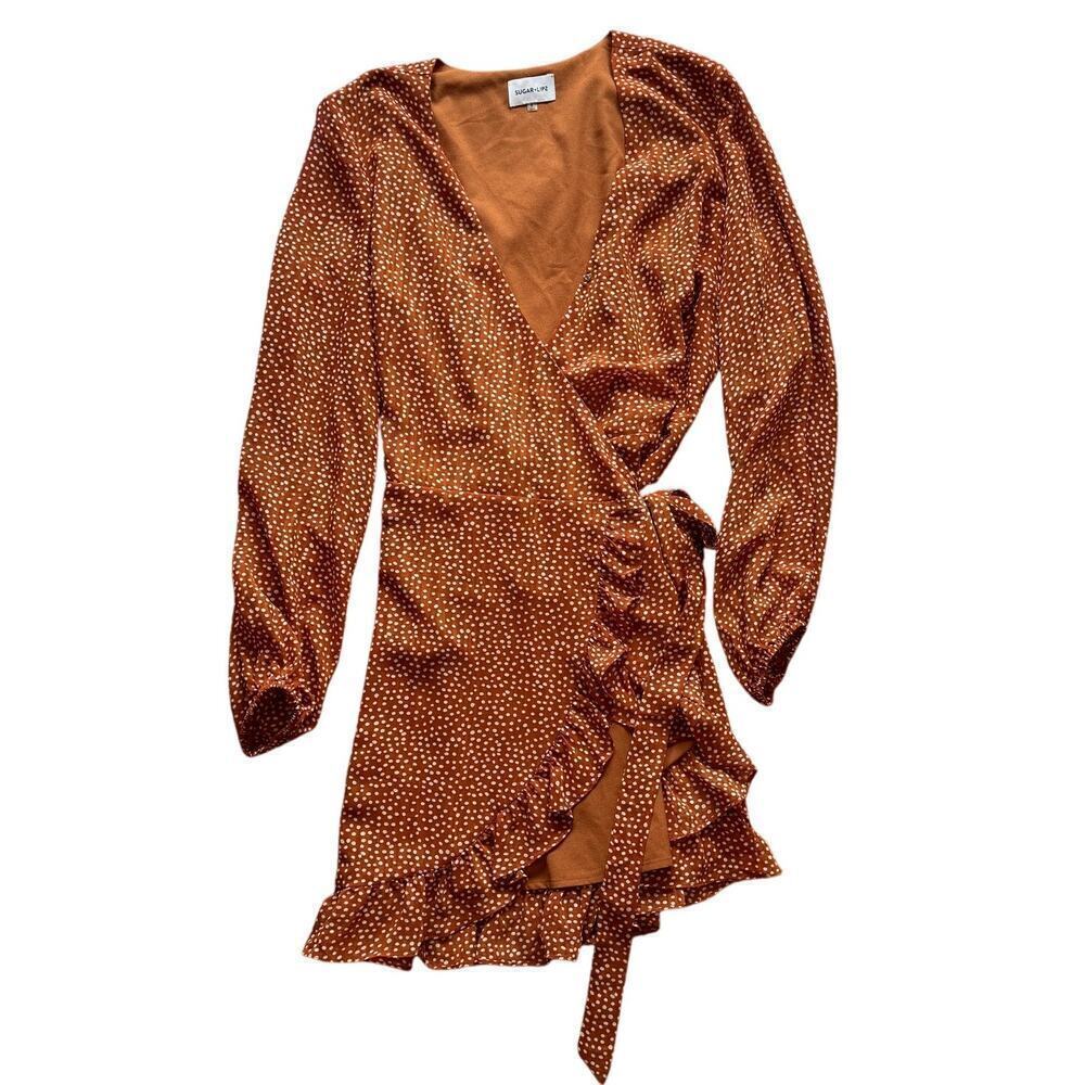 Polka Dot Wrap Dress with Ruffle Rust Orange Women's Size Small